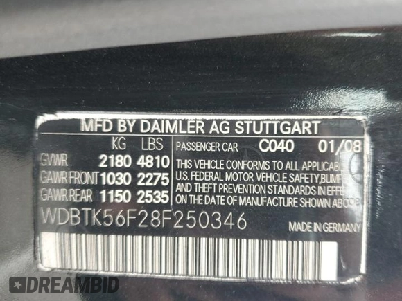 2008 Mercedes-Benz CLK 350 with VIN WDBTK56F28F250346, listed as a Copart auction lot 82059404 with 124,621 mi miles and Clean title. Bid and sale history available at DreamBid. Image 12.