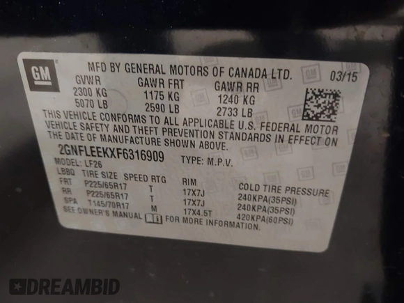 2015 Chevrolet Equinox LS with VIN 2GNFLEEKXF6316909, listed as a IAAI auction lot 41282944 with 135,824 mi miles and . Bid and sale history available at carsss.com. Image 9.