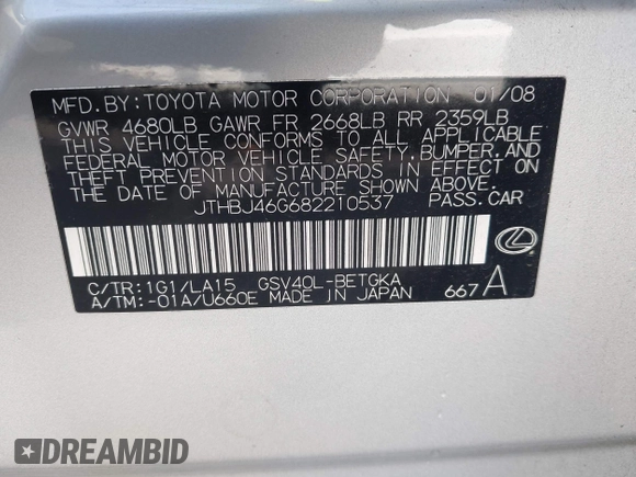 2008 Lexus ES 330 with VIN JTHBJ46G682210537, listed as a IAAI auction lot 42269546 with 161,827 mi miles and . Bid and sale history available at DreamBid. Image 9.