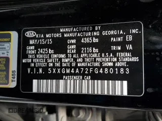 2015 Kia Optima LX with VIN 5XXGM4A72FG480183, listed as a Copart auction lot 54328475 with 116,443 mi miles and Clean Title. Bid and sale history available at carsss.com. Image 12.