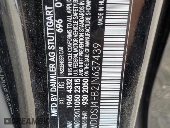 2018 Mercedes-Benz CLA 250 with VIN WDDSJ4EB2JN637439, listed as a Copart auction lot 62009803 with 85,916 mi miles and . Bid and sale history available at DreamBid. Image 14.