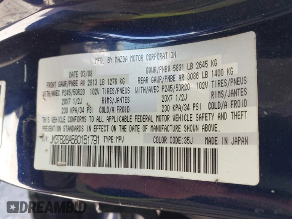 2008 Mazda CX-9 Sport with VIN JM3TB28A580151791, listed as a IAAI auction lot 41740192 with 171,058 mi miles and . Bid and sale history available at DreamBid. Image 9.