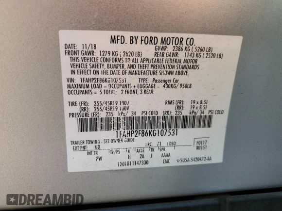 2019 Ford Taurus Limited z VIN 1FAHP2F86KG107531, wystawiony jako Copart lot #53488475 z przebiegiem 78 285 mil mil oraz Szkoda całkowita • Salvage title. Historia ofert i sprzedaży dostępna na DreamBid. Obrazek 12.