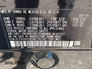 2016 Honda HR-V EX with VIN 3CZRU6H56GM716238, listed as a IAAI auction lot 42232513 with 123,346 mi miles and . Bid and sale history available at DreamBid. Image 9.