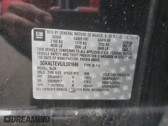 2018 GMC Terrain SLE z VIN 3GKALTEV6JL301849, wystawiony jako Copart lot #54121305 z przebiegiem 116 426 mil mil oraz Szkody całkowita. Historia ofert i sprzedaży dostępna na DreamBid. Obrazek 13.