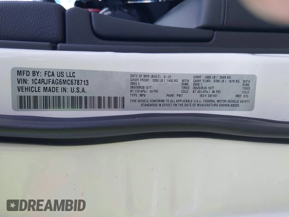 2021 Jeep Grand Cherokee Laredo E with VIN 1C4RJFAG6MC678713, listed as a IAAI auction lot 42015949 with 54,224 mi miles and . Bid and sale history available at DreamBid. Image 9.