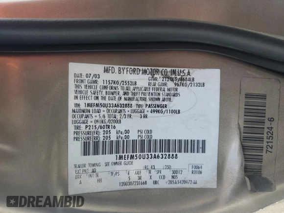 2003 Mercury Sable GS with VIN 1MEFM50U33A632888, listed as a Copart auction lot 61183765 with 210,362 mi miles and Salvage title. Bid and sale history available at DreamBid. Image 13.