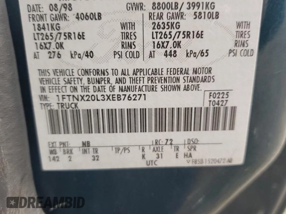 1999 Ford F-250 XL with VIN 1FTNX20L3XEB76271, listed as a Copart auction lot 43633095 with 166,947 mi miles and Salvage title. Bid and sale history available at DreamBid. Image 15.