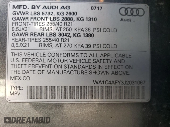 2018 Audi SQ5 Prestige with VIN WA1C4AFY3J2031067, listed as a Copart auction lot 69709894 with 63,047 mi miles and Clean Title. Bid and sale history available at DreamBid. Image 13.