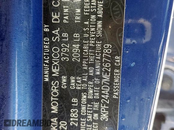 2021 Kia Forte LXS with VIN 3KPF24AD7ME267789, listed as a Copart auction lot 58425685 with 80,056 mi miles and Salvage title. Bid and sale history available at DreamBid. Image 12.