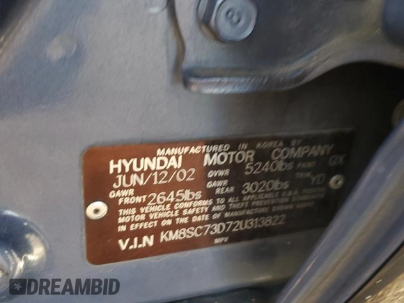 2002 Hyundai Santa Fe GLS with VIN KM8SC73D72U313822, listed as a Copart auction lot 79946994 with 239,734 mi miles and Salvage Title. Bid and sale history available at carsss.com. Image 13.