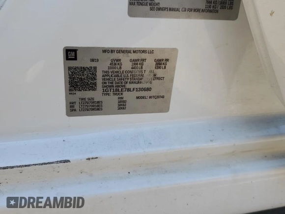2020 GMC Sierra 1500 with VIN 1GT18LE78LF130680, listed as a Copart auction lot 59282164 with 70,179 mi miles and Salvage Title. Bid and sale history available at DreamBid. Image 12.