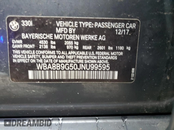 2018 BMW 3 Series 330i with VIN WBA8B9G50JNU99595, listed as a Copart auction lot 44597805 with Not provided miles and Salvage title. Bid and sale history available at DreamBid. Image 14.