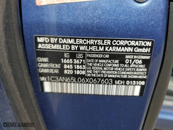 2006 Chrysler Crossfire Limited with VIN 1C3AN65L06X067603, listed as a Copart auction lot 76311204 with 113634 miles and Clean Title. Bid and sale history available at carsss.com. Image 12.