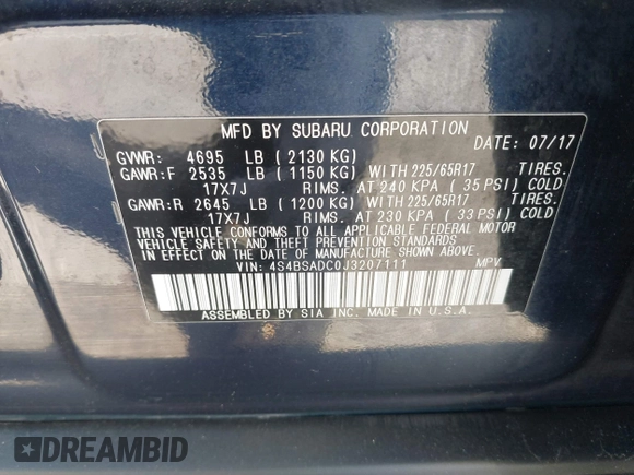 2018 Subaru Outback Premium with VIN 4S4BSADC0J3207111, listed as a IAAI auction lot 42147670 with 54,512 mi miles and . Bid and sale history available at DreamBid. Image 9.