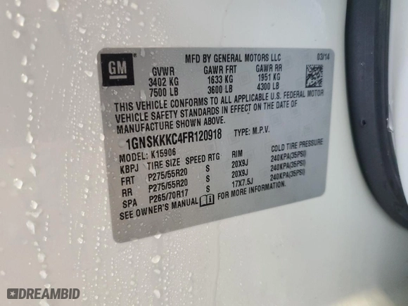 2015 Chevrolet Suburban LTZ with VIN 1GNSKKKC4FR120918, listed as a Copart auction lot 48384965 with 182,199 mi miles and Clean Title. Bid and sale history available at carsss.com. Image 13.