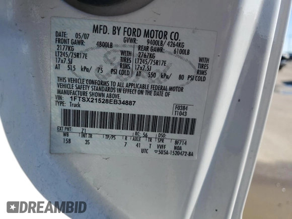 2008 Ford Super Duty F-250 SRW XL with VIN 1FTSX21528EB34887, listed as a Copart auction lot 44825765 with 169,861 mi miles and Salvage Title. Bid and sale history available at carsss.com. Image 12.