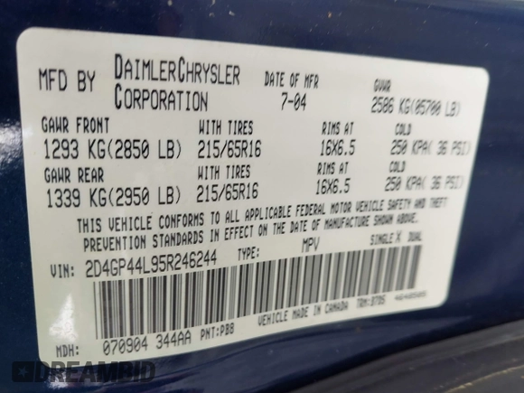 2005 Dodge Caravan SXT with VIN 2D4GP44L95R246244, listed as a IAAI auction lot 41855026 with 134,582 mi miles and . Bid and sale history available at DreamBid. Image 9.