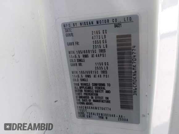 2021 Nissan NV200 SV with VIN 3N6CM0KN6MK704774, listed as a IAAI auction lot 42687599 with 35,845 mi miles and . Bid and sale history available at DreamBid. Image 9.