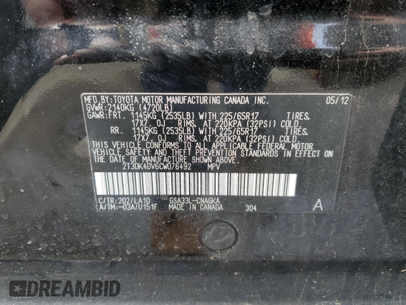 2012 Toyota RAV4 Limited with VIN 2T3DK4DV6CW076492, listed as a Copart auction lot 48030974 with 119,202 mi miles and Salvage Title. Bid and sale history available at carsss.com. Image 13.