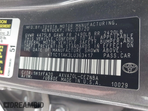 2020 Toyota Camry LE with VIN 4T1C11AK3LU363417, listed as a IAAI auction lot 41430382 with 130,837 mi miles. Bid and sale history available at carsss.com. Image 9.