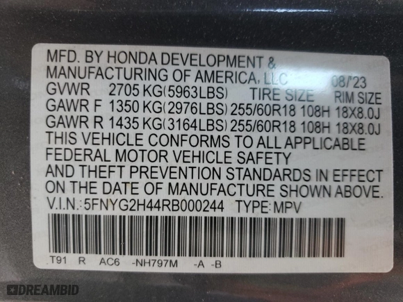 2024 Honda Pilot EX-L 8 Passenger with VIN 5FNYG2H44RB000244, listed as a Copart auction lot 48798865 with 16,179 mi miles and Salvage Title. Bid and sale history available at carsss.com. Image 15.