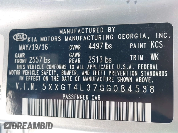 2016 Kia Optima LX with VIN 5XXGT4L37GG084538, listed as a IAAI auction lot 41784807 with 128,928 mi miles. Bid and sale history available at carsss.com. Image 9.