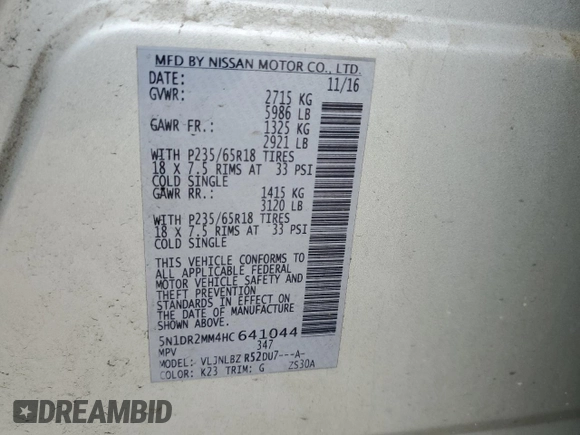 2017 Nissan Pathfinder SL with VIN 5N1DR2MM4HC641044, listed as a Copart auction lot 52765885 with 138,571 mi miles and Salvage Title. Bid and sale history available at carsss.com. Image 13.