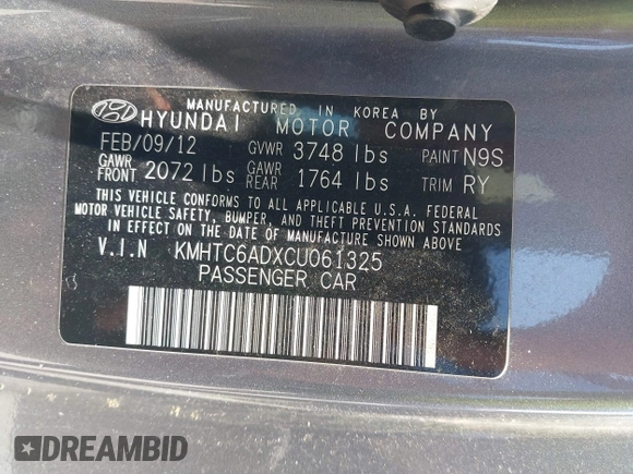 2012 Hyundai Veloster w/Black Int with VIN KMHTC6ADXCU061325, listed as a IAAI auction lot 42556398 with 122,954 mi miles and . Bid and sale history available at DreamBid. Image 9.