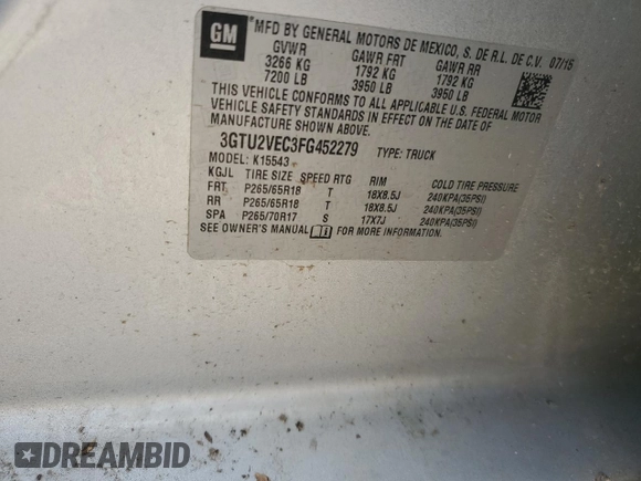 2015 GMC Sierra 1500 SLT with VIN 3GTU2VEC3FG452279, listed as a Copart auction lot 50274495 with 119,964 mi miles and Salvage Title. Bid and sale history available at DreamBid. Image 12.