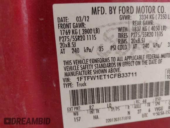 2012 Ford F-150 XL with VIN 1FTFW1ET1CFB33711, listed as a IAAI auction lot 42090971 with 231,691 mi miles and . Bid and sale history available at DreamBid. Image 9.