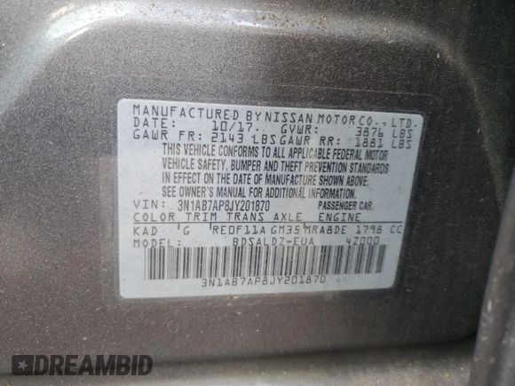 2018 Nissan Sentra S with VIN 3N1AB7AP8JY201870, listed as a Copart auction lot 41890335 with 68,769 mi miles and Salvage Title. Bid and sale history available at DreamBid. Image 12.