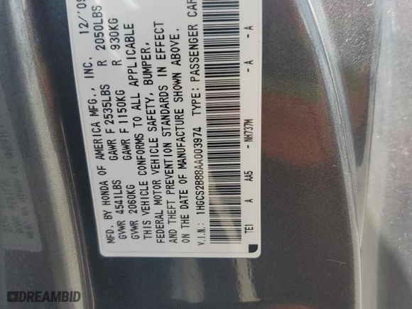 2010 Honda Accord Cpe EX-L with VIN 1HGCS2B88AA003974, listed as a Copart auction lot 53182565 with 185,642 mi miles and Clean Title. Bid and sale history available at carsss.com. Image 12.