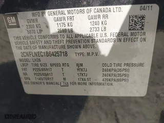 2011 Chevrolet Equinox LT w/2LT with VIN 2CNFLNEC1B6425718, listed as a IAAI auction lot 41727326 with 98,553 mi miles. Bid and sale history available at carsss.com. Image 9.