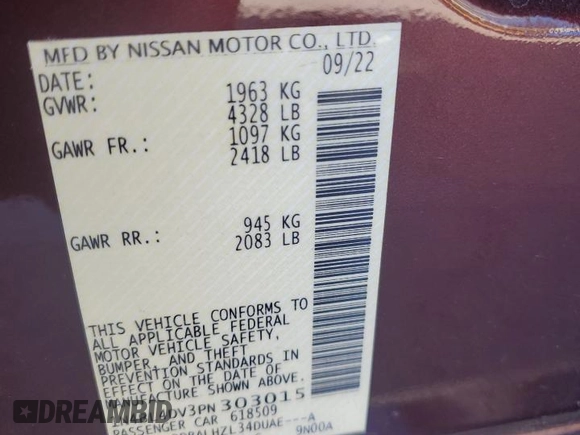 2023 Nissan Altima 2.5 SV with VIN 1N4BL4DV3PN303015, listed as a Copart auction lot 87023374 with 47,904 mi miles and Salvage Title. Bid and sale history available at carsss.com. Image 12.