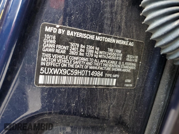 2017 BMW X3 xDrive28i with VIN 5UXWX9C59H0T14984, listed as a Copart auction lot 64771014 with 76,608 mi miles and Salvage Title. Bid and sale history available at DreamBid. Image 16.