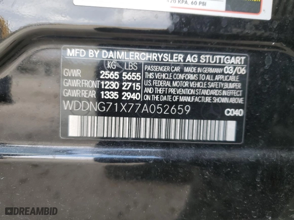 2007 Mercedes-Benz S-Class 5.5L V8 with VIN WDDNG71X77A052659, listed as a Copart auction lot 52192355 with 111,124 mi miles and Salvage Title. Bid and sale history available at carsss.com. Image 13.