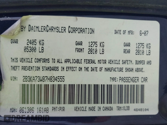 2007 Dodge Charger SRT-8 with VIN 2B3KA73W87H834555, listed as a IAAI auction lot 41380700 with 150,342 mi miles and . Bid and sale history available at carsss.com. Image 9.