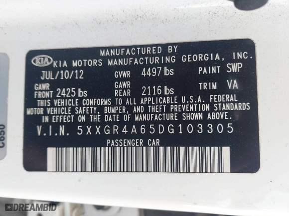 2013 Kia Optima SX w/Limited Pkg with VIN 5XXGR4A65DG103305, listed as a IAAI auction lot 41966376 with 158,966 mi miles. Bid and sale history available at carsss.com. Image 9.