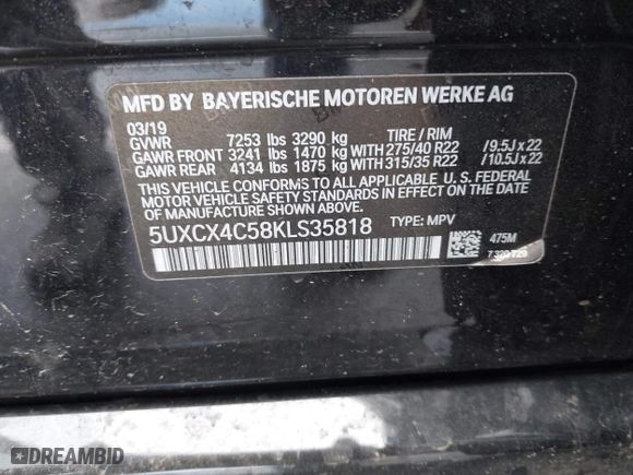 2019 BMW X7 xDrive50i with VIN 5UXCX4C58KLS35818, listed as a IAAI auction lot 41750098 with 69,661 mi miles. Bid and sale history available at carsss.com. Image 9.