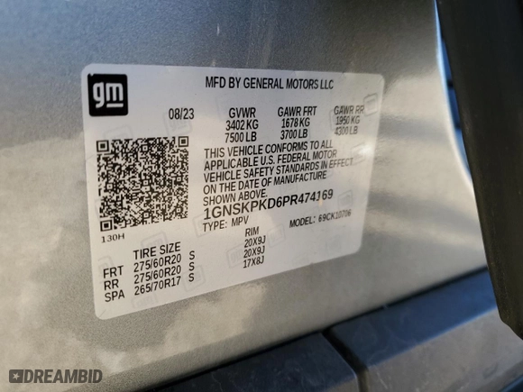 2023 Chevrolet Tahoe Z71 with VIN 1GNSKPKD6PR474169, listed as a Copart auction lot 45186835 with 58,611 mi miles and Salvage Title. Bid and sale history available at carsss.com. Image 13.