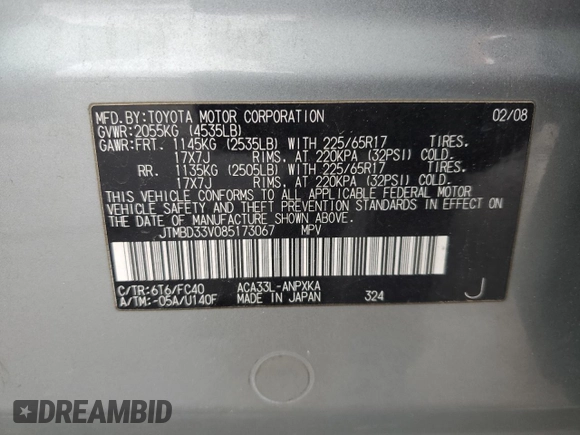 2008 Toyota RAV4 with VIN JTMBD33V085173067, listed as a Copart auction lot 50991835 with 173,154 mi miles and Salvage Title. Bid and sale history available at carsss.com. Image 14.