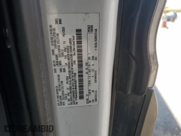 2019 Ford Transit Passenger XL with VIN 1FBAX2CM4KKB71789, listed as a Copart auction lot 57677495 with 82,060 mi miles and Salvage title. Bid and sale history available at DreamBid. Image 13.