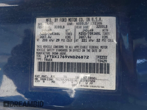 1997 Ford F-150 with VIN 1FTDX1769VND26872, listed as a IAAI auction lot 41993448 with 108,658 mi miles and . Bid and sale history available at DreamBid. Image 9.