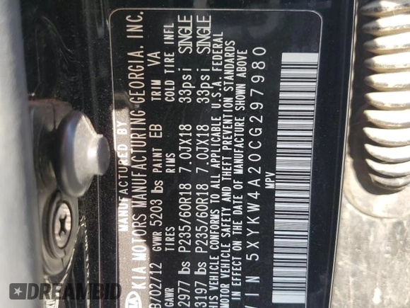 2012 Kia Sorento SX with VIN 5XYKW4A20CG297980, listed as a Copart auction lot 64844745 with 171,239 mi miles and Clean title. Bid and sale history available at DreamBid. Image 12.