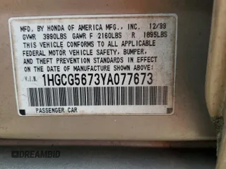 2000 Honda Accord SE with VIN 1HGCG5673YA077673, listed as a Copart auction lot 57555835 with 215,975 mi miles and Non repairable. Bid and sale history available at DreamBid. Image 12.