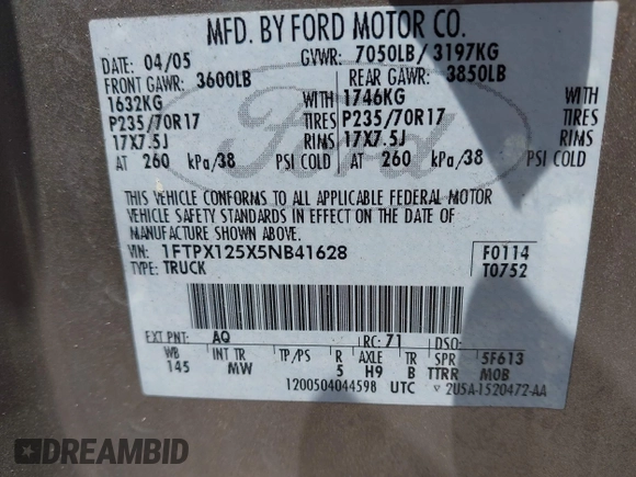 2005 Ford F-150 XLT с VIN 1FTPX125X5NB41628, выставлен на аукционе IAAI как лот 42550345 с пробегом 257 471 миль миль и . История ставок и продаж доступна на DreamBid. Изображение 9.