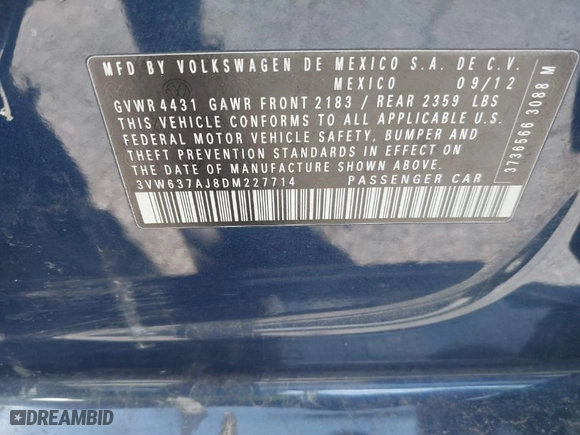 2013 Volkswagen Jetta Sedan Hybrid SE with VIN 3VW637AJ8DM227714, listed as a IAAI auction lot 41979740 with 170,648 mi miles. Bid and sale history available at carsss.com. Image 9.