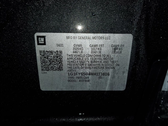 2021 Chevrolet Bolt EV LT with VIN 1G1FY6S04M4113816, listed as a Copart auction lot 73470962 with 9,560 mi miles. Bid and sale history available at carsss.com. Image 12.
