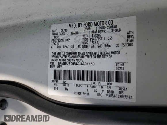 2010 Ford Explorer XLT z VIN 1FMEU7DE8AUA91159, wystawiony jako Copart lot #58913105 z przebiegiem 86 653 mil mil oraz Szkoda całkowita • Salvage title. Historia ofert i sprzedaży dostępna na DreamBid. Obrazek 13.